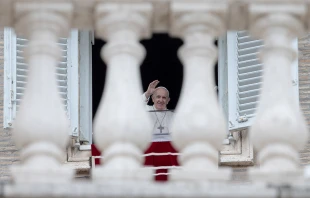 Pope Francis waves to people in St. Peter's Square during his Regina caeli address May 2, 2021. Daniel Ibanez/CNA.